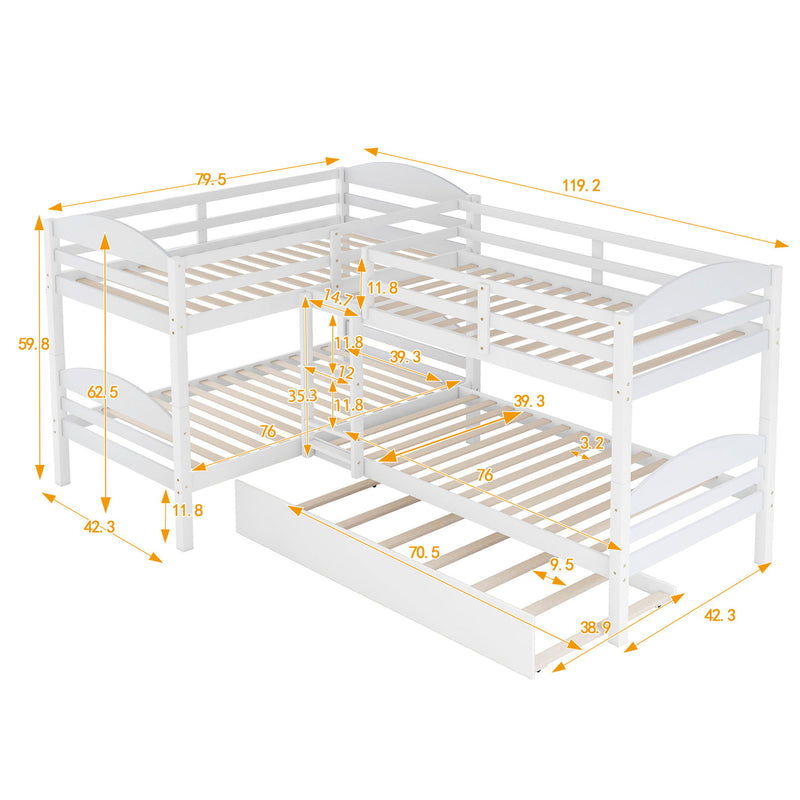 White twin L-shaped bunk bed with trundle from DreamHaus, featuring sturdy wooden frame and space-saving design for kids' bedrooms.