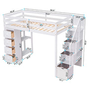 DreamHaus loft bed with built-in storage drawers, stairs with shelves, and a sturdy frame for space-saving bedroom organization.