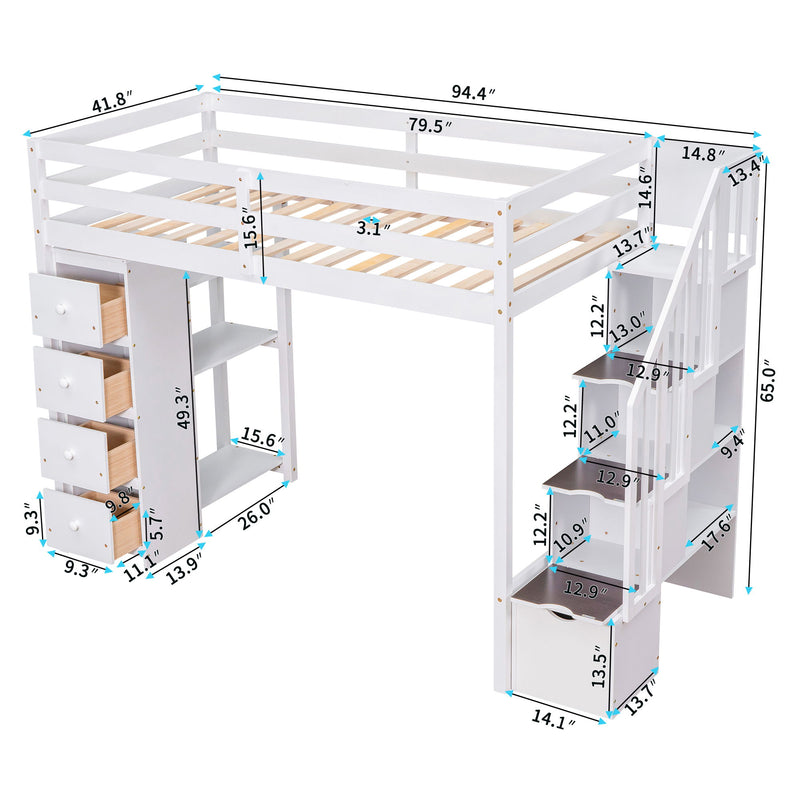DreamHaus loft bed with built-in storage drawers, stairs with shelves, and a sturdy frame for space-saving bedroom organization.