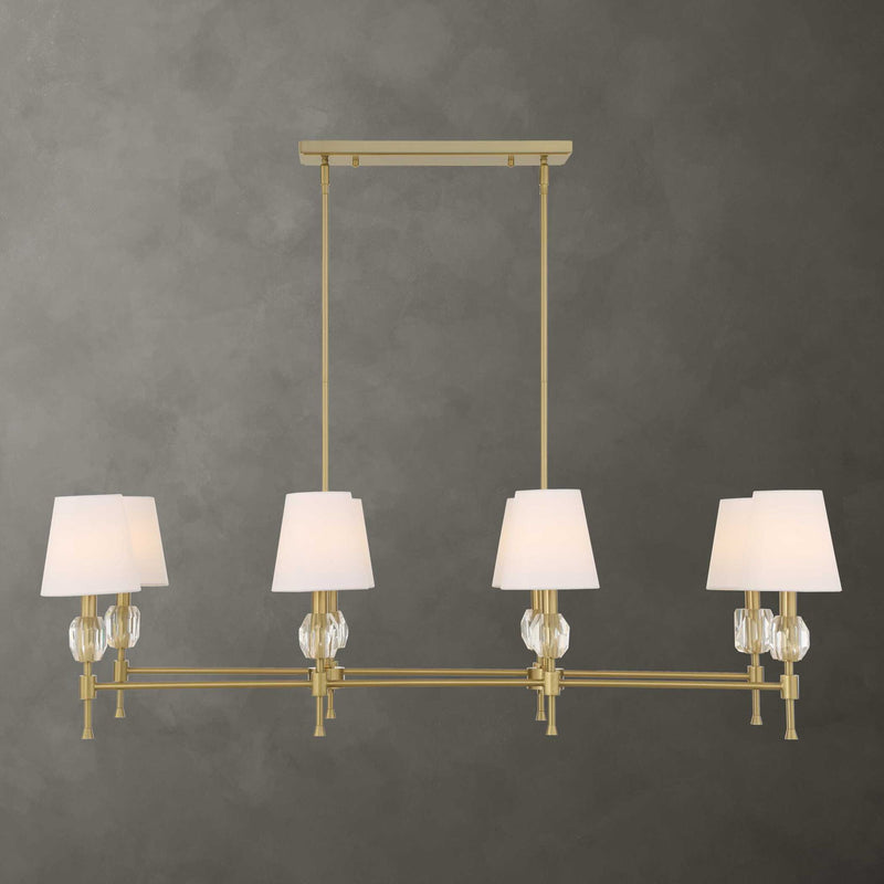 Uttermost Arques 8-light linear chandelier with white and gold finish, featuring sleek modern design and elegant lighting.