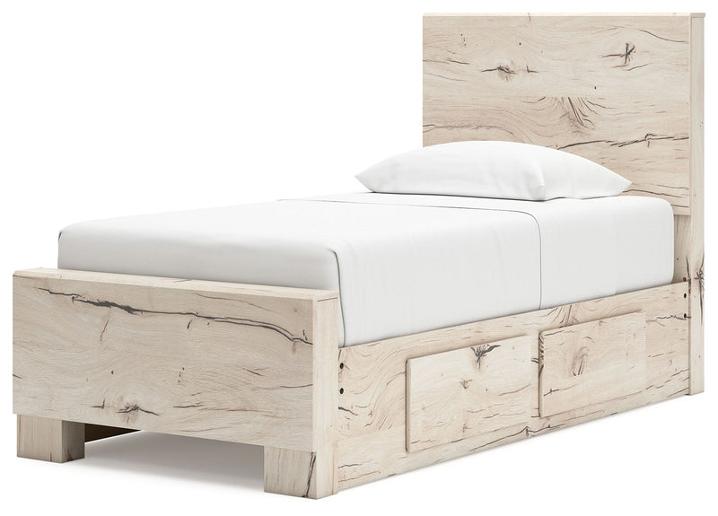 Signature Design by Ashley Lawroy panel storage bed with built-in drawers and sleek wood finish, showcasing its modern bedroom furniture design.