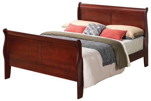 Glory Furniture Panel Sleigh Bed with curved headboard and footboard in dark wood finish, showcasing elegant craftsmanship and design.