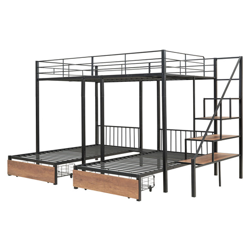 Full Over Twin-Twin Triple Bunk Bed With Drawers And Staircase - Black - R&R Furniture Gallery (Fountain Valley, CA)