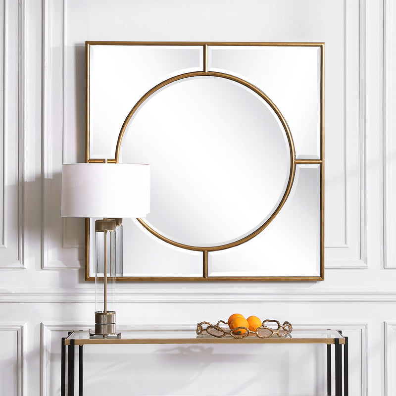 Uttermost Stanford Square Wall Mirror with a gold frame, showcasing a modern and elegant design for wall decor.