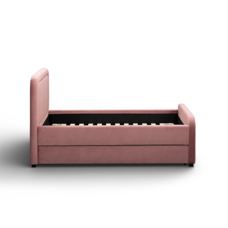 TOV Furniture Briella trundle bed with wooden frame and mattress, featuring a modern design and space-saving pull-out sleeping drawer.