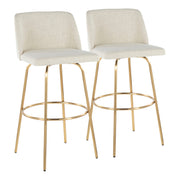 Set of two Lumi Source Toriano contemporary fixed height barstools with swivel seats and round footrests, showcasing sleek modern design.