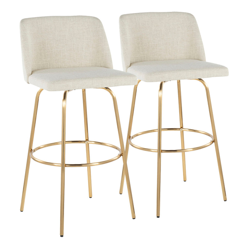 Set of two Lumi Source Toriano contemporary fixed height barstools with swivel seats and round footrests, showcasing sleek modern design.