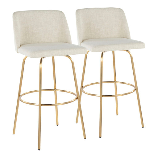 Set of two Lumi Source Toriano contemporary fixed height barstools with swivel seats and round footrests, showcasing sleek modern design.