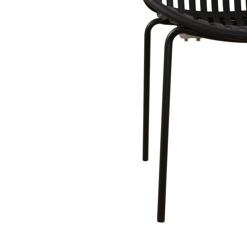 Set of two Noble House stackable outdoor chairs with breathable plastic backrests and sturdy metal frames.
