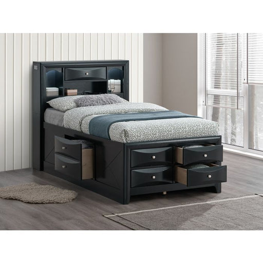 Modern design storage bed with bookcase headboard by Glory Furniture, featuring built-in shelves and sleek wooden finish.