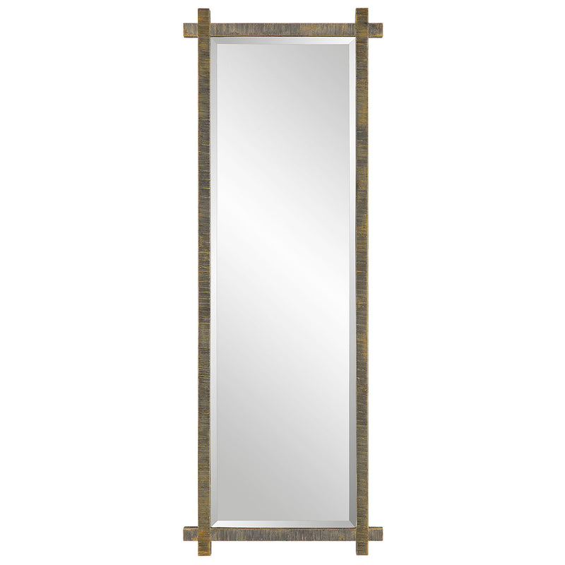 Uttermost Abanu ribbed dressing mirror for vanity, round shape with textured ribbed glass frame, modern bedroom decor.