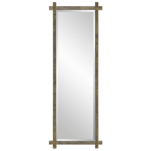 Uttermost Abanu ribbed dressing mirror for vanity, round shape with textured ribbed glass frame, modern bedroom decor.