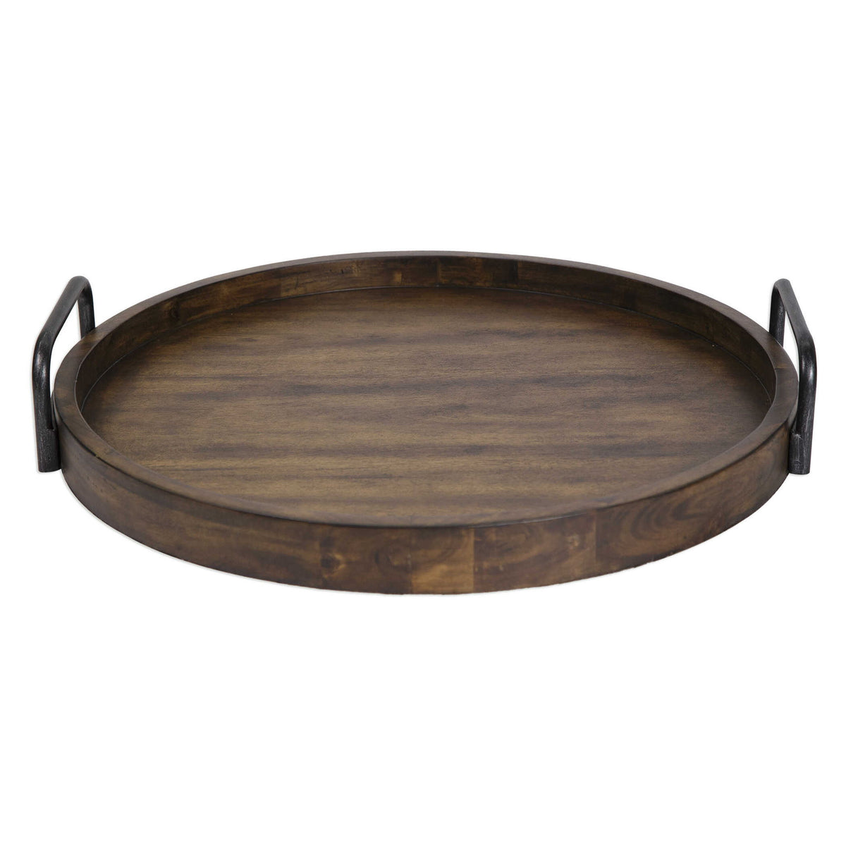 Dark brown round wooden tray by Uttermost, ideal for serving or decorative display, with a smooth polished finish.
