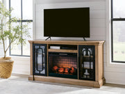 Signature Design by Ashley Wittenmyer TV stand with wood finish, featuring open shelves and storage cabinets for media devices.