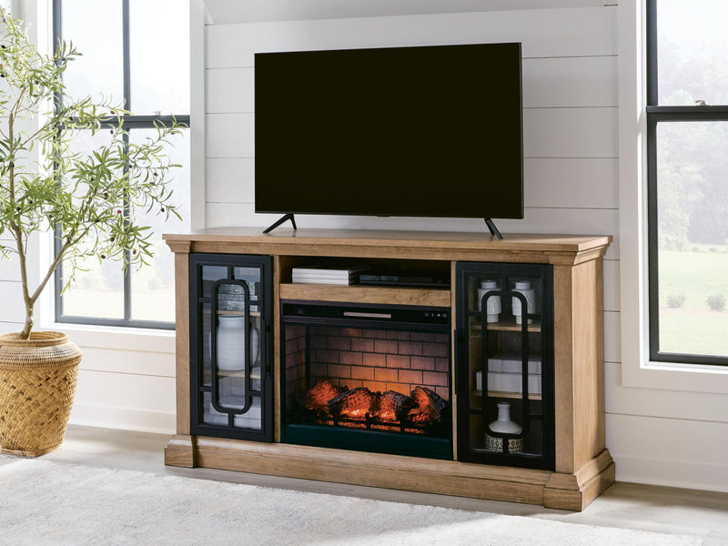 Signature Design by Ashley Wittenmyer TV stand with wood finish, featuring open shelves and storage cabinets for media devices.