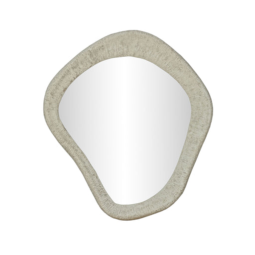 TOV Furniture Orpheus 35x31 inch ribbed wall mirror with faux stone frame, showcasing textured design and sleek style.