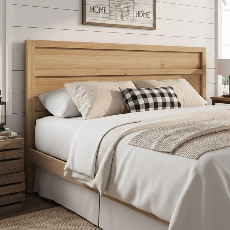 Ridgecrest Home Maddox panel headboard with modern wood design, showcasing a sleek, rectangular shape in a bedroom setting.