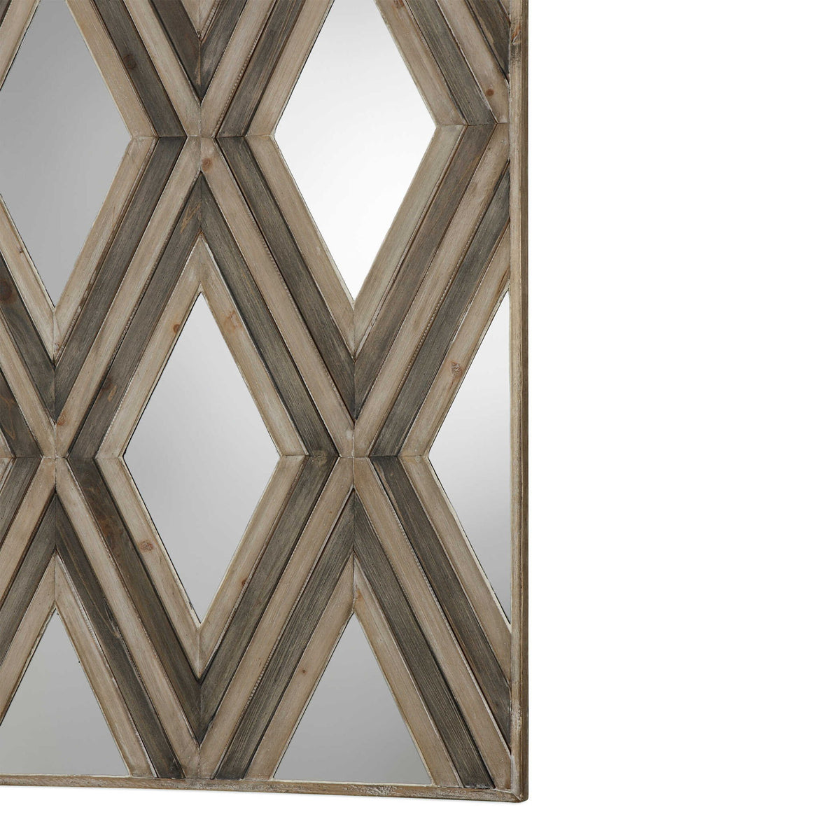 Uttermost Tahira geometric argyle pattern wall mirror with light brown frame, showcasing a stylish and modern design.