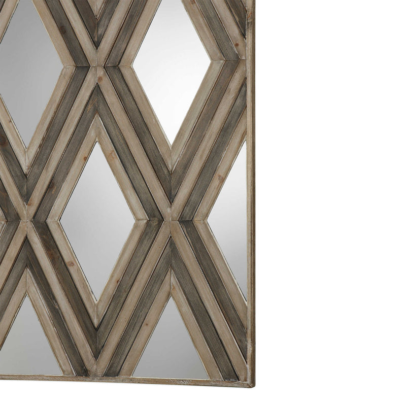 Uttermost Tahira geometric argyle pattern wall mirror with light brown frame, showcasing a stylish and modern design.
