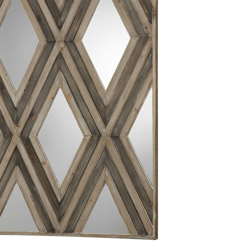 Uttermost Tahira geometric argyle pattern wall mirror with light brown frame, showcasing a stylish and modern design.