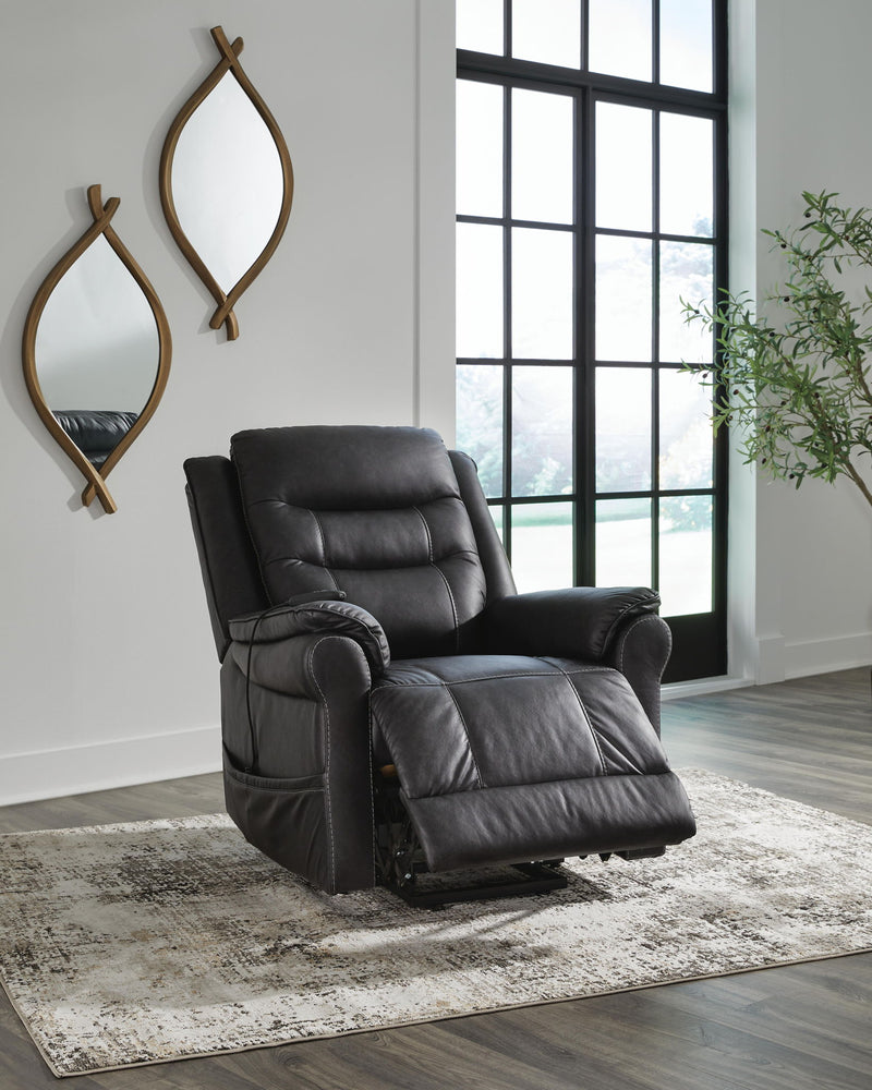 Signature Design by Ashley Oatman Power Lift Recliner in neutral fabric, showcasing its plush cushioning and adjustable lift feature.