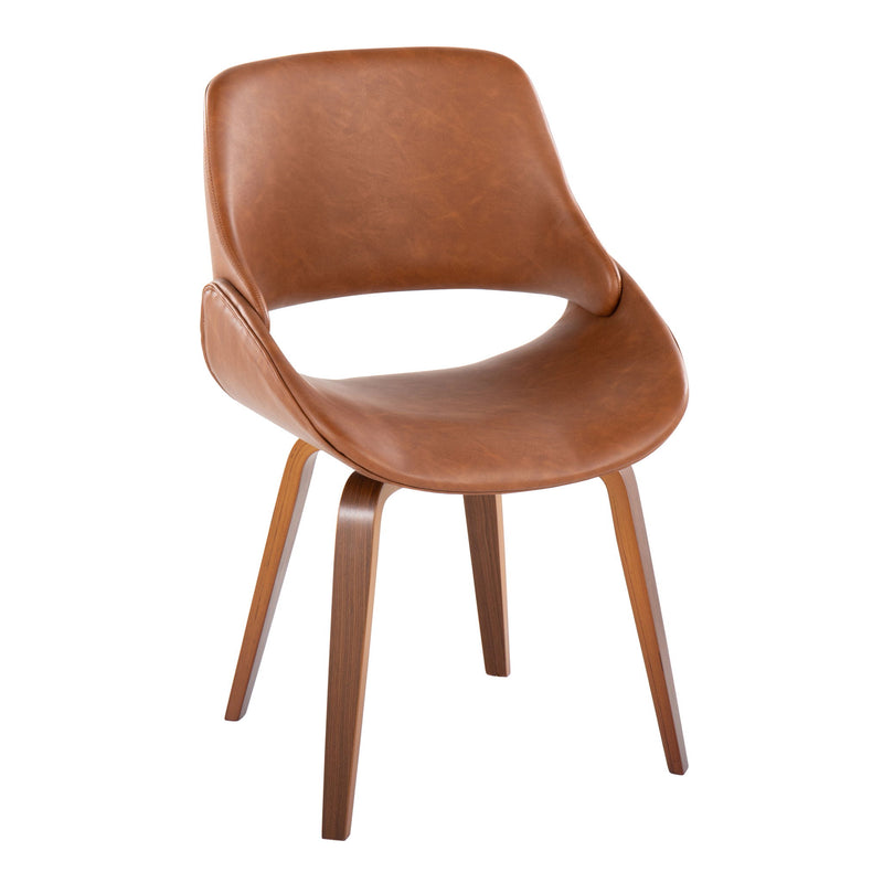 Pair of Lumi Source Fabrico mid-century modern dining chairs featuring sleek wooden frames and upholstered seats.