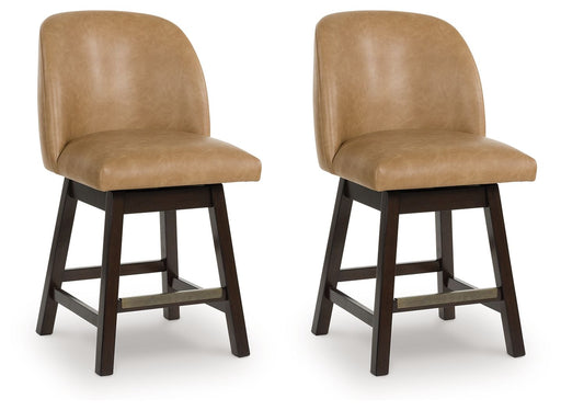 Neymorton - Upholstered Swivel Faux Leather Barstool (Set of 2) - Dark Grayish Brown - R&R Furniture Gallery (Fountain Valley, CA)