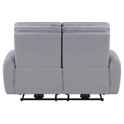 Gray synthetic leather Jeromie power motion loveseat with USB port and reclining feature by ACME, shown in a modern living room setting.