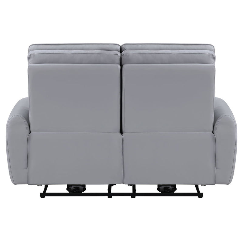 Gray synthetic leather Jeromie power motion loveseat with USB port and reclining feature by ACME, shown in a modern living room setting.