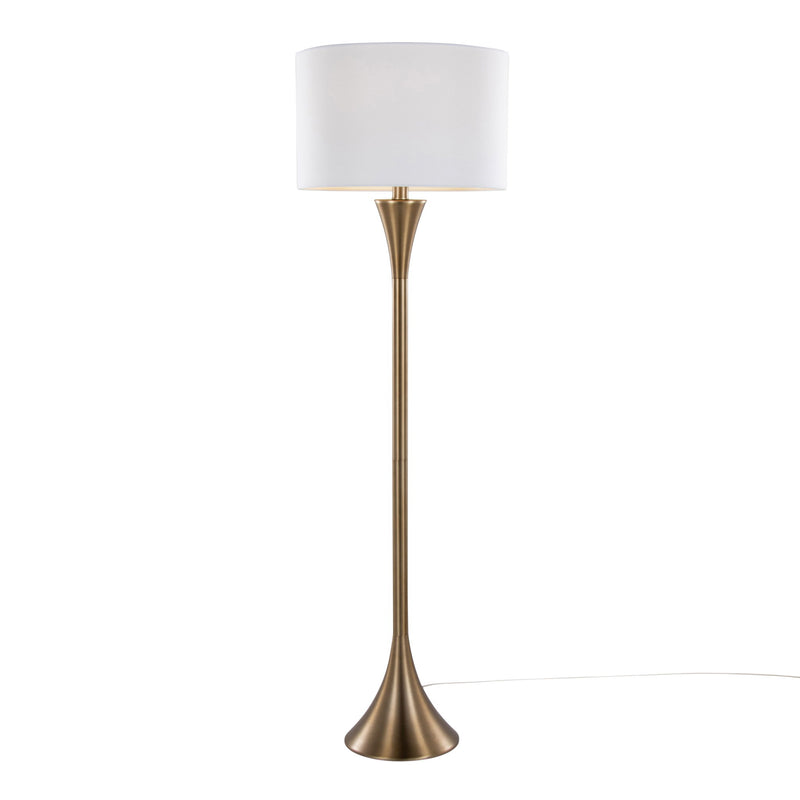 Lumi Source Lenuxe contemporary floor lamp with sleek design and adjustable arm, standing on a modern living room floor.