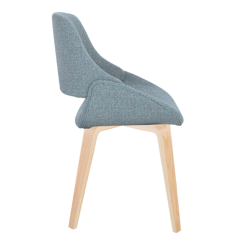 Lumi Source mid-century modern dining chair set with natural bent wood legs, in blue, cream, or camel upholstery, two chairs shown.