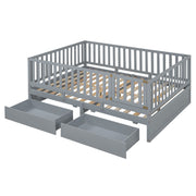 DreamHaus storage daybed with fence guardrails, two drawers, convertible into floor bed and daybed, in a cozy bedroom setting.