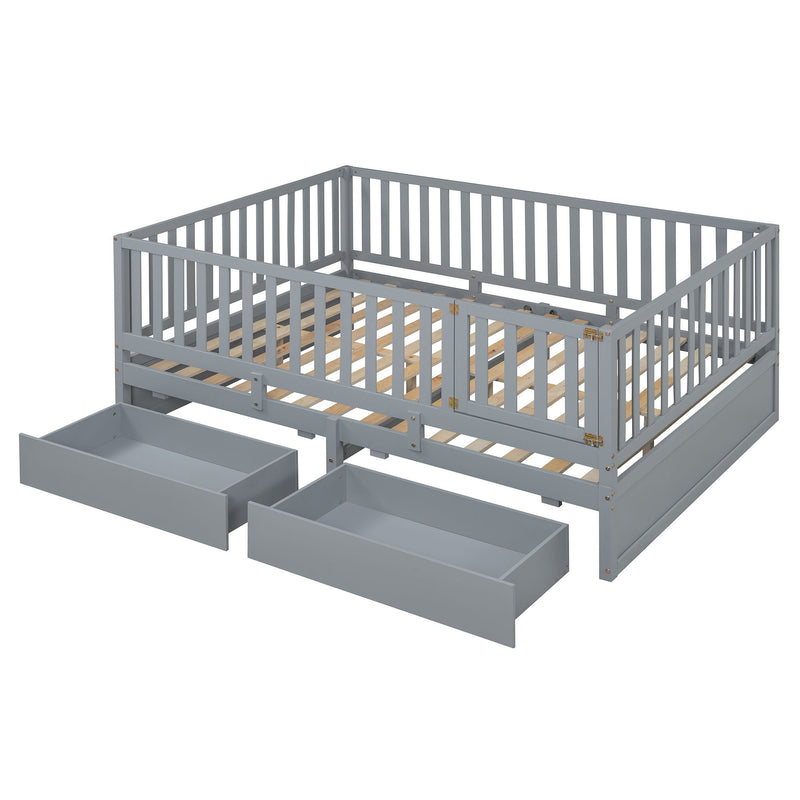 DreamHaus storage daybed with fence guardrails, two drawers, convertible into floor bed and daybed, in a cozy bedroom setting.