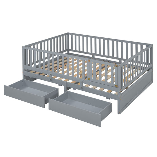 DreamHaus storage daybed with fence guardrails, two drawers, convertible into floor bed and daybed, in a cozy bedroom setting.
