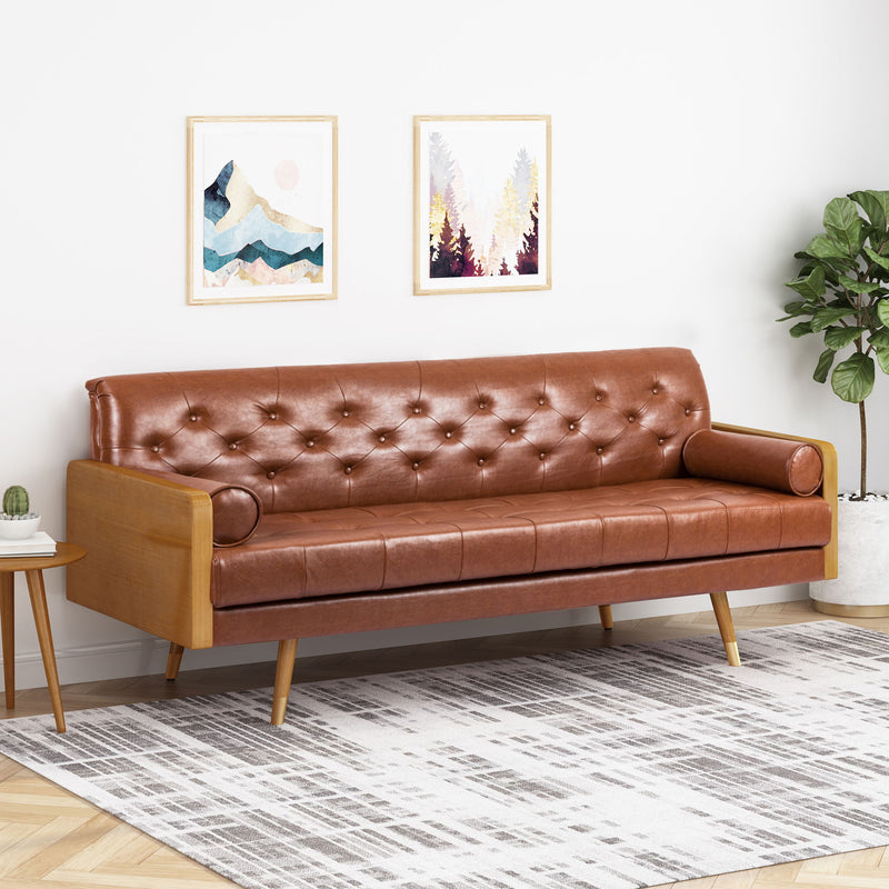 Adelaide - Mid Century Modern Tufted Sofa With Rolled Accent Pillows - Light Brown - R&R Furniture Gallery (Fountain Valley, CA)