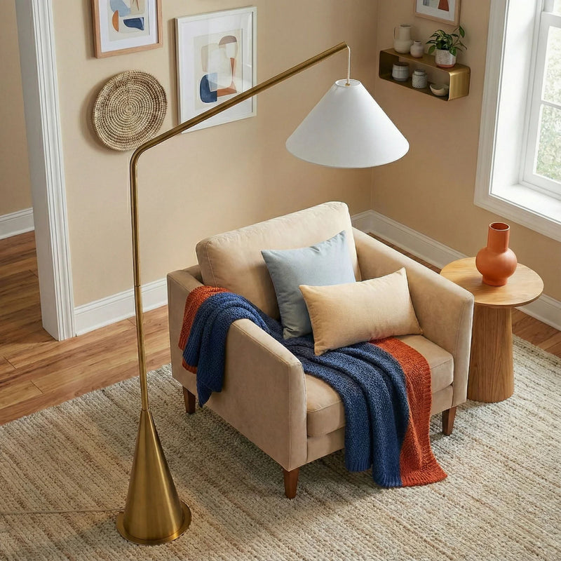 Lisbon - Floor Lamp With On / Off Switch Coned Base Hanging Shade - Antique Brass / White - R&R Furniture Gallery (Fountain Valley, CA)