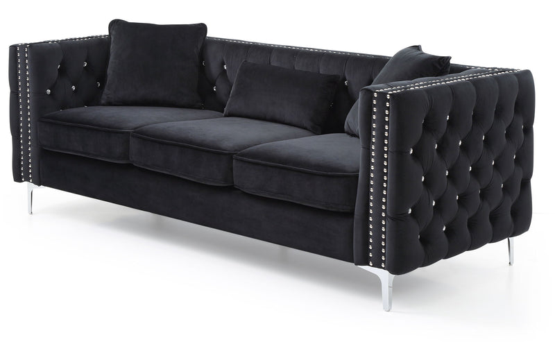 Glory Furniture Paige stationary sofa with plush cushions and modern design, shown in a cozy living room setting.