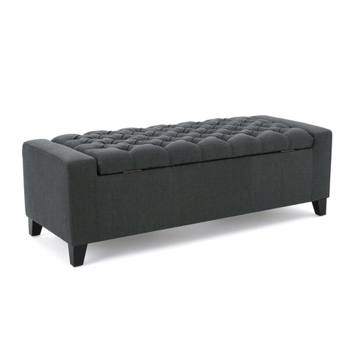 Dark gray contemporary storage ottoman with tufted top from Noble House, showcasing a soft fabric surface and functional storage space.