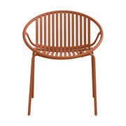 Set of two Noble House stackable outdoor chairs with breathable plastic backrests and metal frames, suitable for patio or garden use.