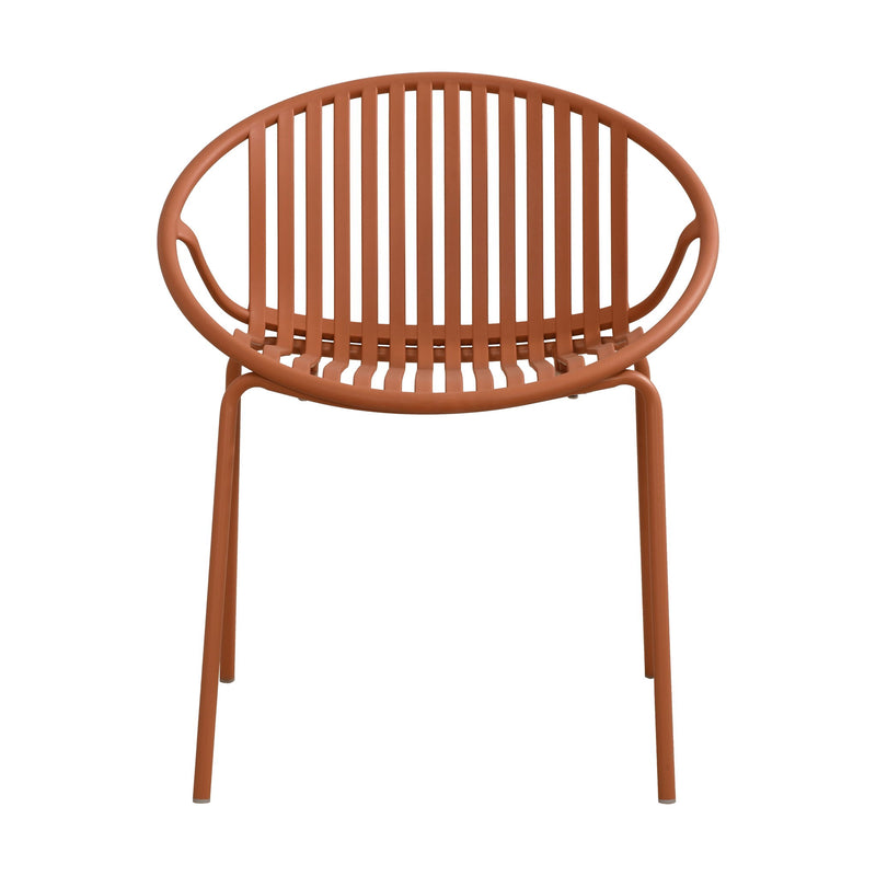 Set of two Noble House stackable outdoor chairs with breathable plastic backrests and metal frames, suitable for patio or garden use.