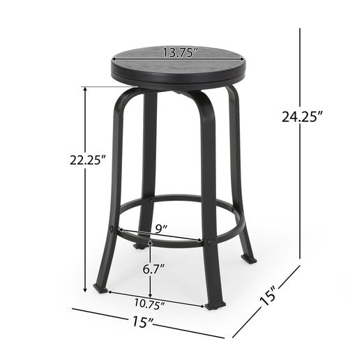 Set of two Noble House modern industrial counter stools with swivel seats, featuring metal frames and wooden seats.