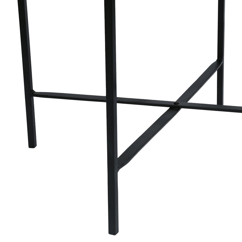 Modern industrial round end table with tray top and foldable iron legs, in natural finish, by Noble House.