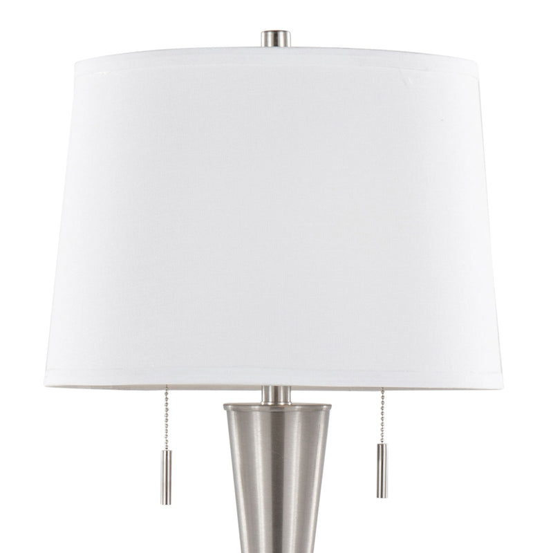 Set of two Lumi Source Jules contemporary table lamps with built-in USB ports, featuring nickel bases and white shades.