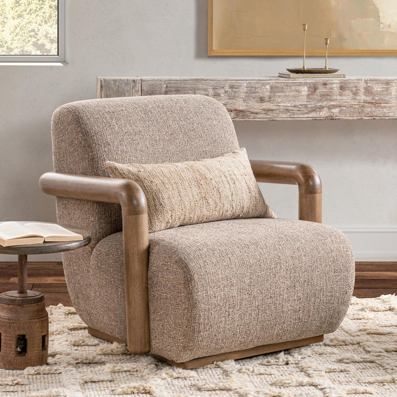 Classic Home Welson swivel accent chair in warm mocha fabric, featuring a rounded back and plush cushioning.