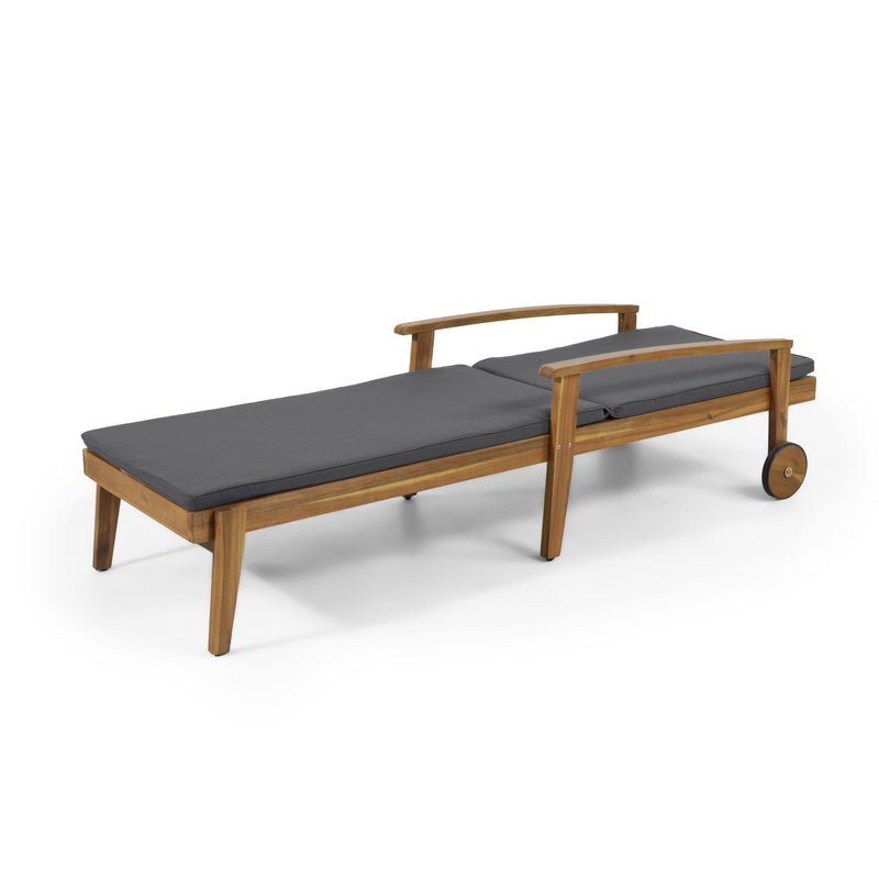 Noble House Jason chaise lounge with adjustable acacia wood outdoor furniture, featuring a sleek, modern design and comfortable seating.