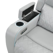 Elonzo - Power Motion Loveseat With Console, LED, Power Headrest & Speaker - Light Gray - R&R Furniture Gallery (Fountain Valley, CA)
