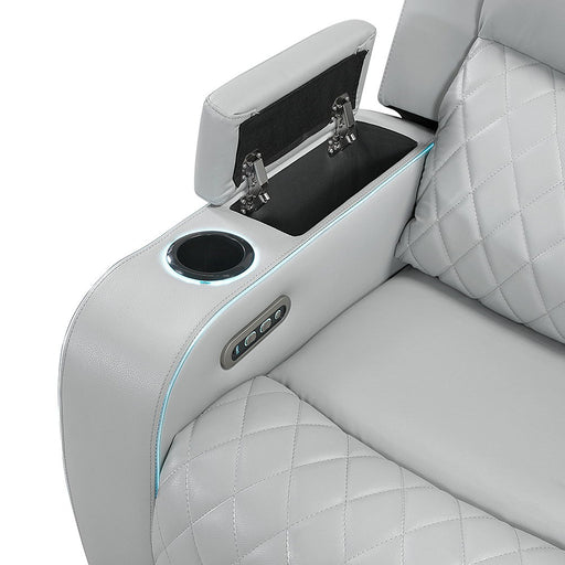Elonzo - Power Motion Loveseat With Console, LED, Power Headrest & Speaker - Light Gray - R&R Furniture Gallery (Fountain Valley, CA)
