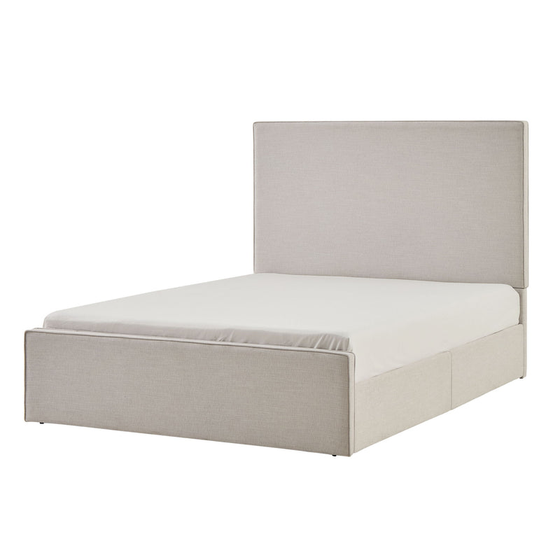 House & Home Furniture Lucas tall upholstered bed headboard with plush fabric and sleek design, shown in a modern bedroom setting.