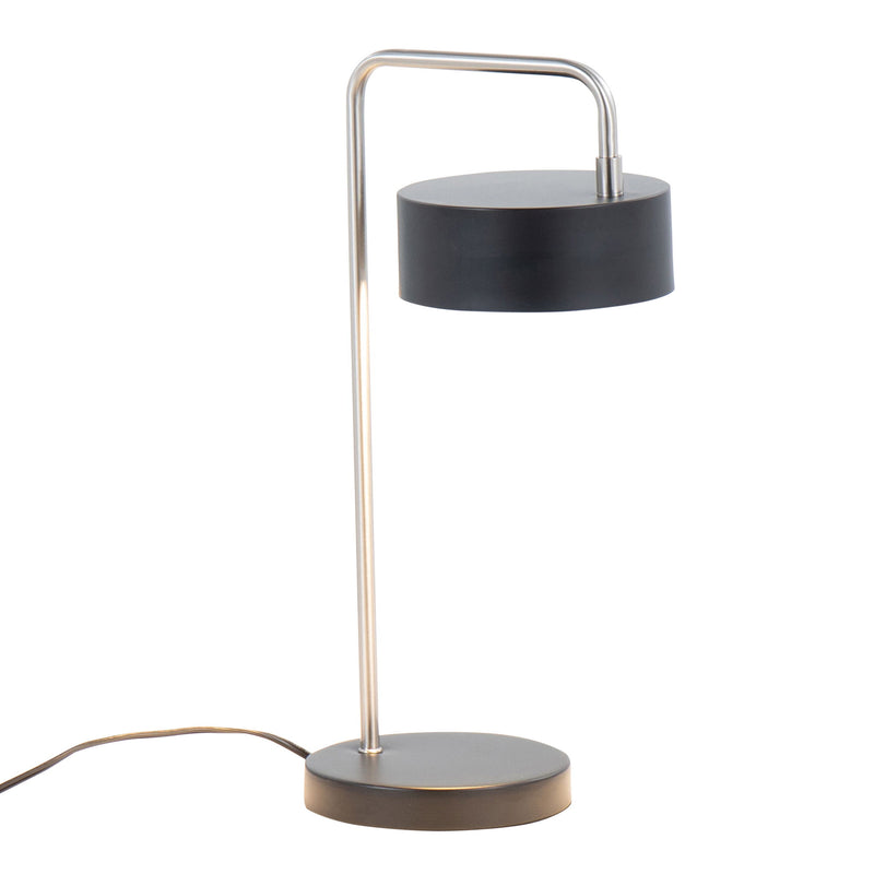Lumi Source Puck contemporary table lamp with nickel finish and black base, modern design on a sleek surface.