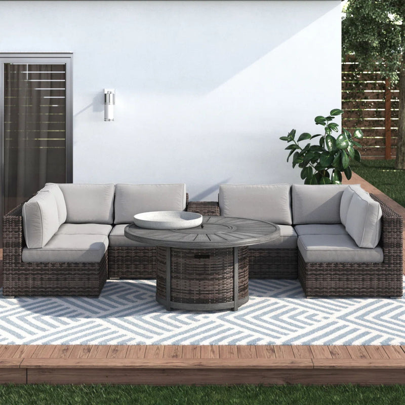 All Weather 4 Person Patio Sofa Set With Fire Pit And Side Table Rustproof - Brown - R&R Furniture Gallery (Fountain Valley, CA)